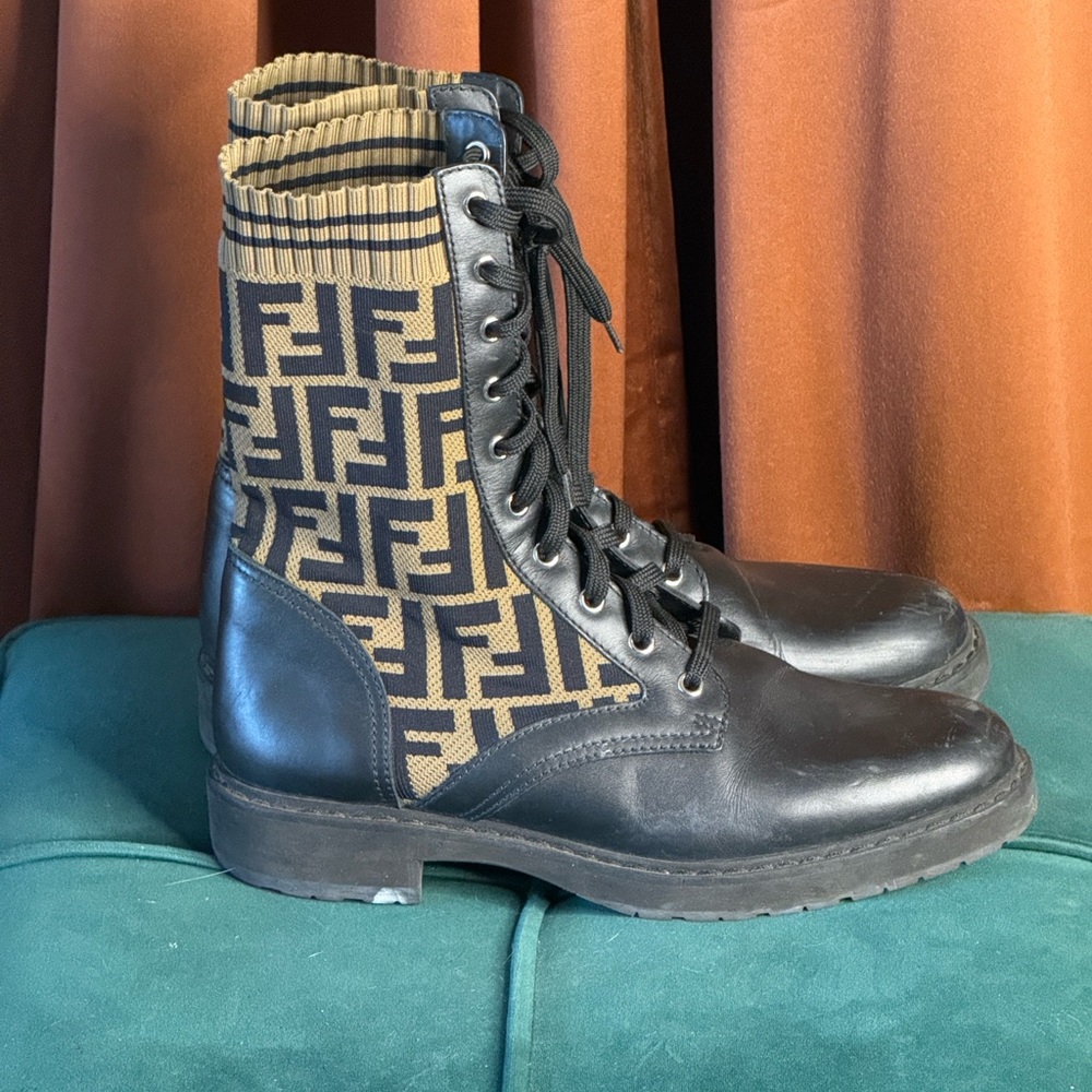 Fendi Rockoko FF Monogram combat boots- calfskin + stretch fabric